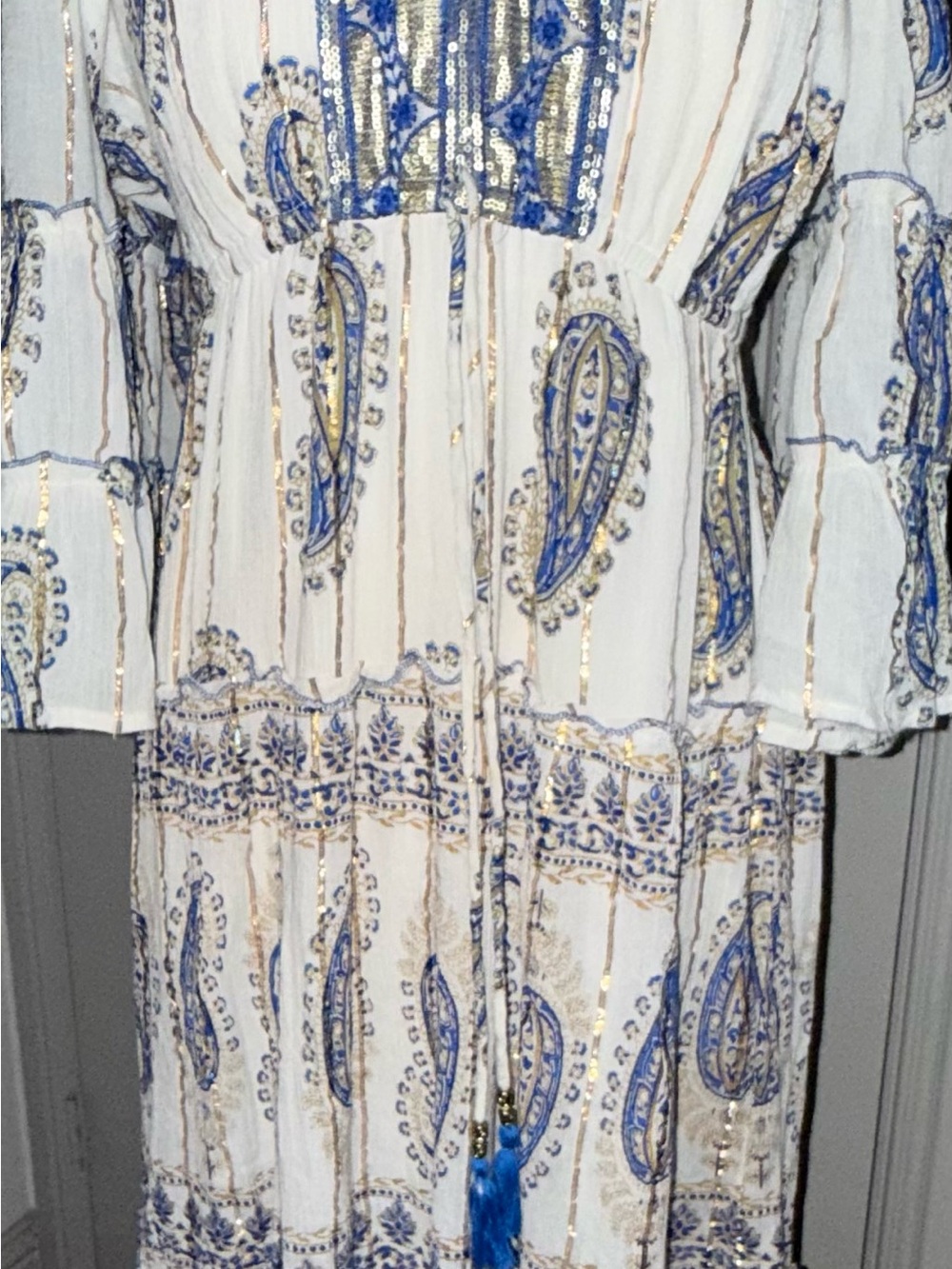 Off-Shoulder White Maxi Dress with Blue Paisley Print - Picture 4 of 11